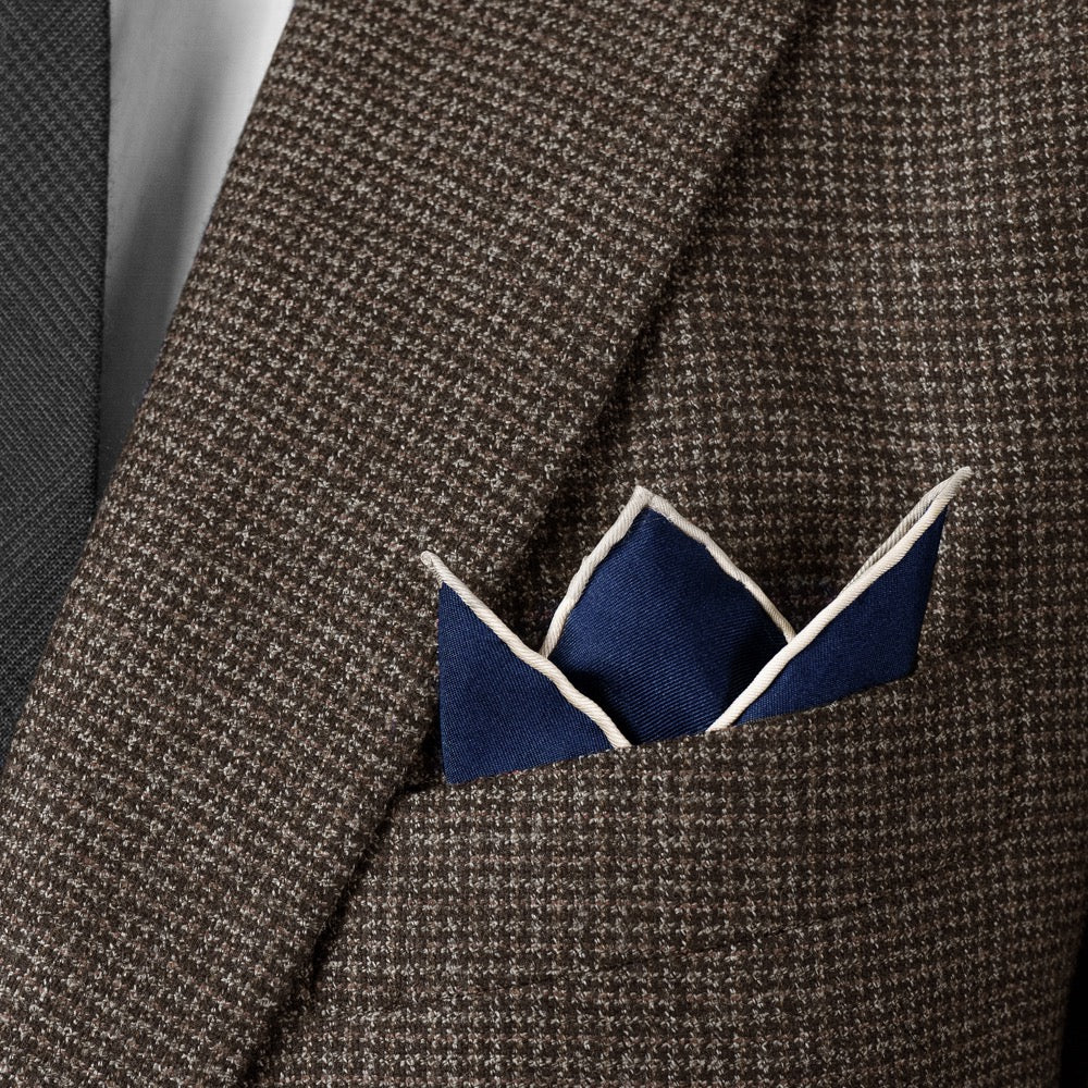 Navy & Ecru Contrast-Trim Silk Pocket Square – Rampley and Co