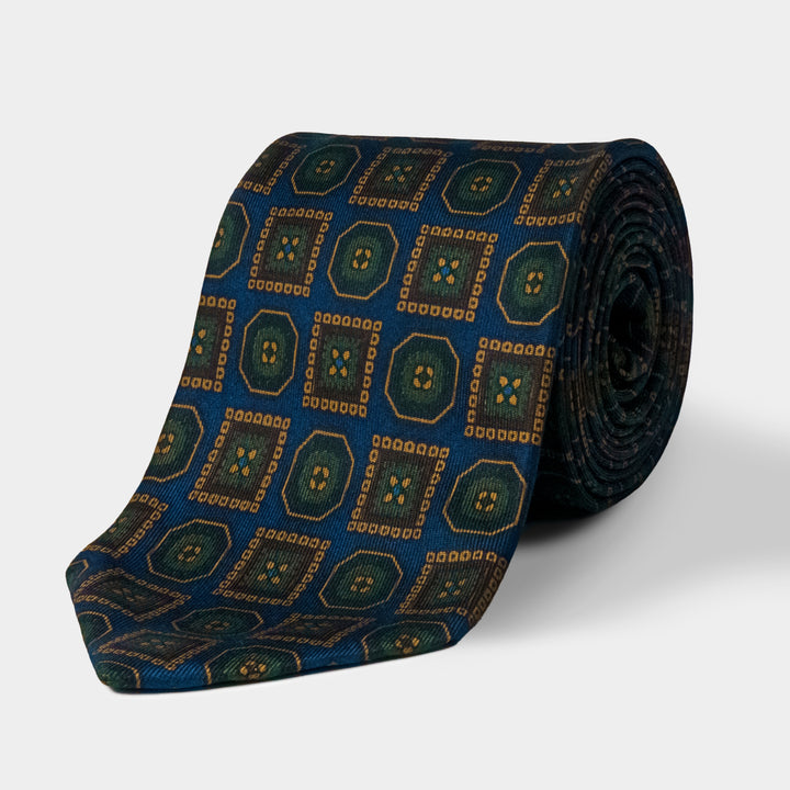 Navy, Green & Gold Medallion Madder Silk Tie