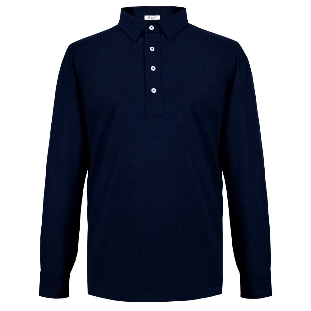 Navy Long-Sleeved Cotton Pique Polo Shirt - Main Image