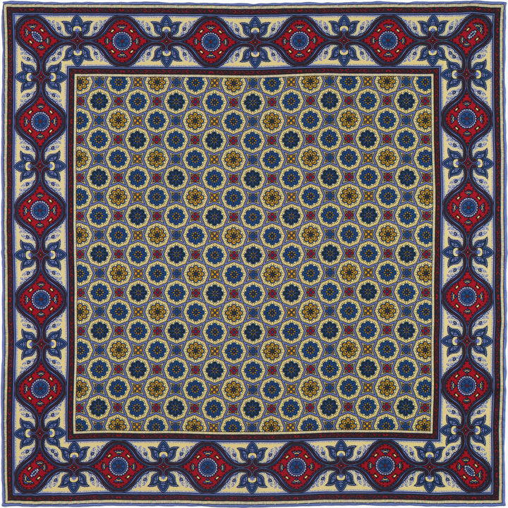 Ivory, Crimson & Blue Madder Silk Pocket Square