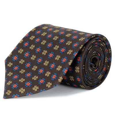 Brown, Dusty Blue and Scarlet Silk Twill Tie