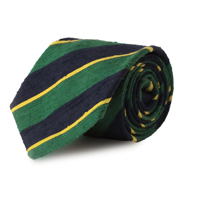 Navy, Emerald & Yellow Striped Shantung Silk Tie
